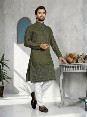 Rajwada Olive Cotton Blend Embroidered Solid Kurta For Men