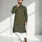 Rajwada Olive Cotton Blend Embroidered Solid Kurta For Men