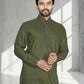 Rajwada Olive Cotton Blend Embroidered Solid Kurta For Men