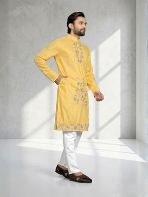 Rajwada Yellow Cotton Blend Embroidered Solid Kurta For Men