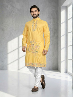 Rajwada Yellow Cotton Blend Embroidered Solid Kurta For Men