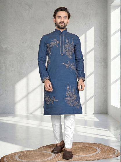 Rajwada Dark Blue Cotton Blend Embroidered Solid Kurta For Men