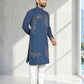 Rajwada Dark Blue Cotton Blend Embroidered Solid Kurta For Men