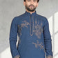 Rajwada Dark Blue Cotton Blend Embroidered Solid Kurta For Men