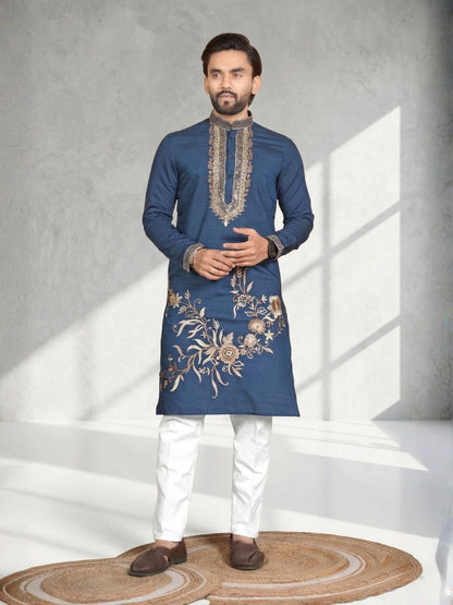 Rajwada Dark Blue Cotton Blend Embroidered Solid Kurta For Men