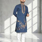 Rajwada Dark Blue Cotton Blend Embroidered Solid Kurta For Men