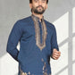 Rajwada Dark Blue Cotton Blend Embroidered Solid Kurta For Men