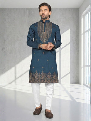 Rajwada Dark Blue Cotton Blend Embroidered Solid Kurta For Men
