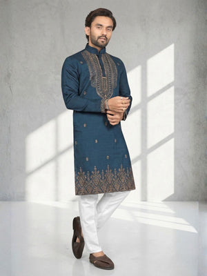 Rajwada Dark Blue Cotton Blend Embroidered Solid Kurta For Men