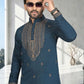 Rajwada Dark Blue Cotton Blend Embroidered Solid Kurta For Men