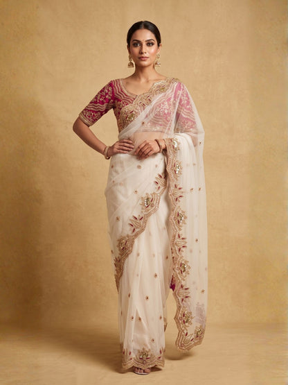 Rajwada White Net Embellished Saree For Women