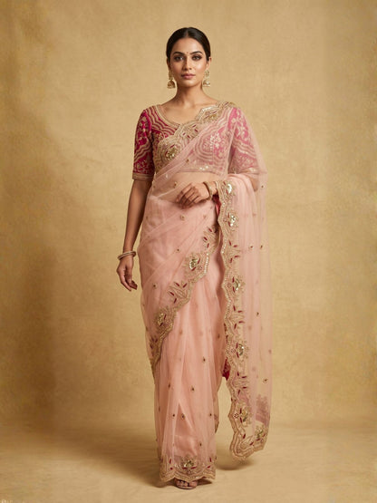 Rajwada Peach Pink Net Embellished Saree For Women