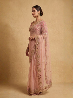 Rajwada Peach Pink Net Embellished Saree For Women