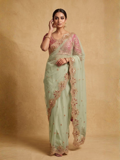 Rajwada Pista Green Net Embellished Saree For Women