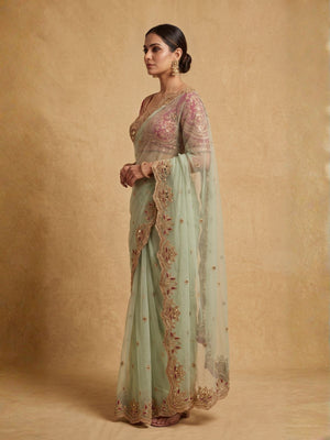 Rajwada Pista Green Net Embellished Saree For Women