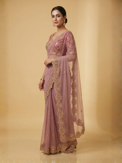 Rajwada Pale Pink Net Embellished Saree For Women