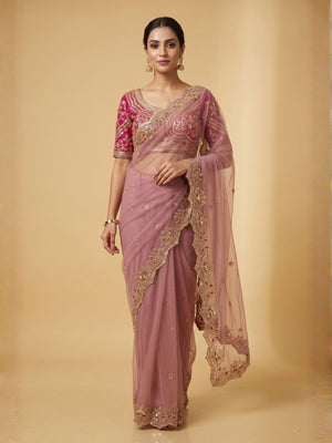 Rajwada Pale Pink Net Embellished Saree For Women