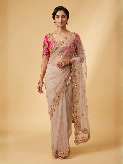 Rajwada Ivory Net Embellished Saree For Women