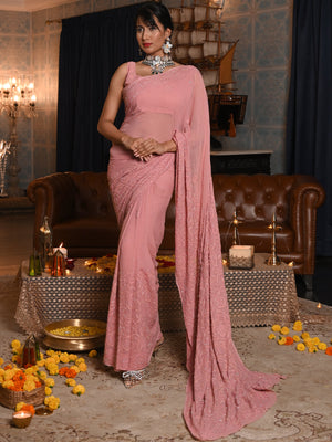Rajwada Women Pink Georgette Chikankari Beads Embroidered Saree With Unstitched Blouse