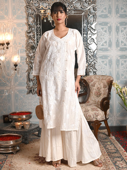 Rajwada Women White Mulmul Gold Woven Chikankari Embroidered Stitched Kurta
