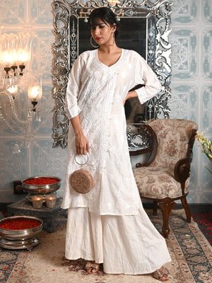 Rajwada Women White Mulmul Gold Woven Chikankari Embroidered Stitched Kurta