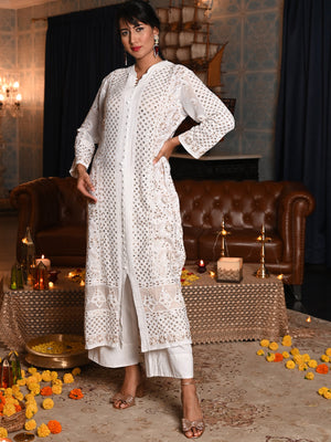 Rajwada Women White Georgette Chikankari Gotapatti & Mirror Work Embroidered Stitched Kurta