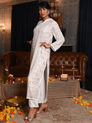 Rajwada Women White Georgette Chikankari Gotapatti & Mirror Work Embroidered Stitched Kurta