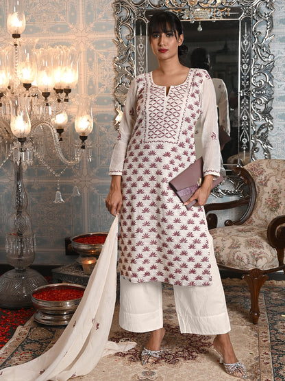 Rajwada Women White Striped Voile Chikankari Embroidered Stitched Kurta With Dupatta