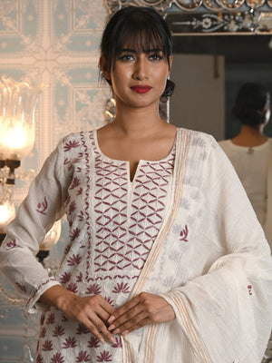 Rajwada Women White Striped Voile Chikankari Embroidered Stitched Kurta With Dupatta