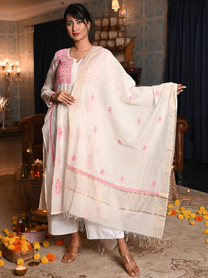 Rajwada Women White Cotton Mulmul Pink Chikankari Embroidery Unstitched Kurta Set