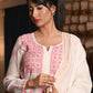 Rajwada Women White Cotton Mulmul Pink Chikankari Embroidery Unstitched Kurta Set