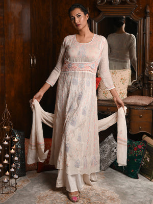 Rajwada Women White Cotton Mulmul Chikankari Mukaish Work Embroidered Stitched Kurta With Dupatta