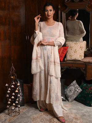 Rajwada Women White Cotton Mulmul Chikankari Mukaish Work Embroidered Stitched Kurta With Dupatta