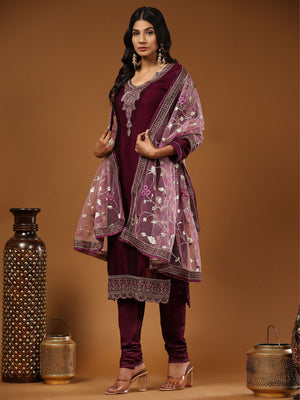 Rajwada Women Purple Embroidered Georgette Semi Stitched Salwar Suit