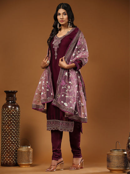 Rajwada Women Purple Embroidered Georgette Semi Stitched Salwar Suit