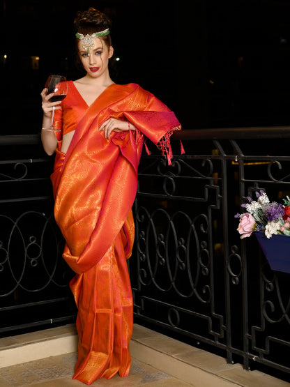 Rajwada Women Festive Orange Silk Blend Woven Saree With Unstitched Blouse
