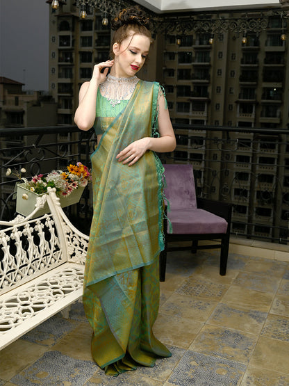 Rajwada Women Green Festive Woven Silk Saree With Unstitched Blouse