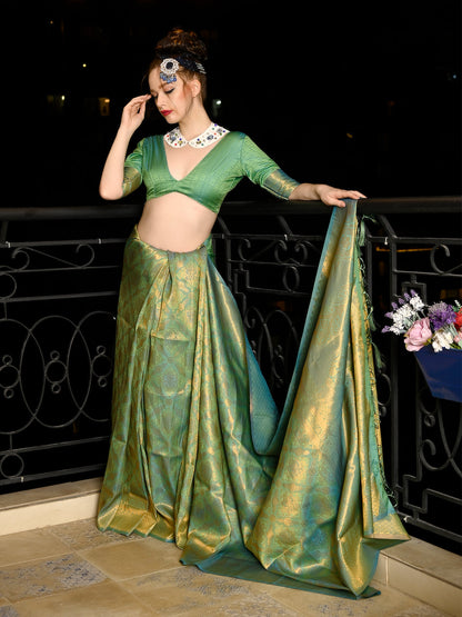 Rajwada Women Green Festive Woven Silk Saree With Unstitched Blouse