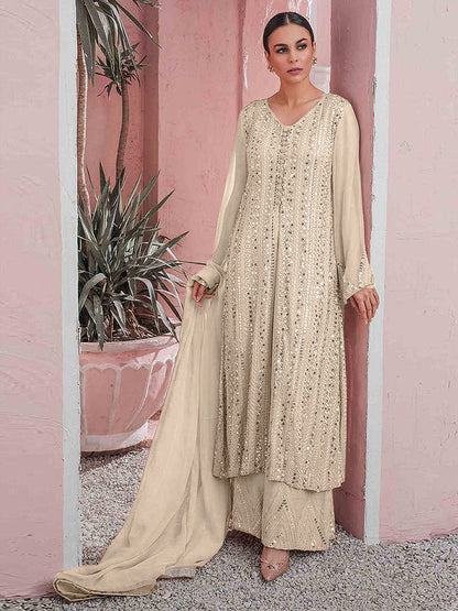 Rajwada Women Cream Color Party Wear Georgette Semi Stitched Suit