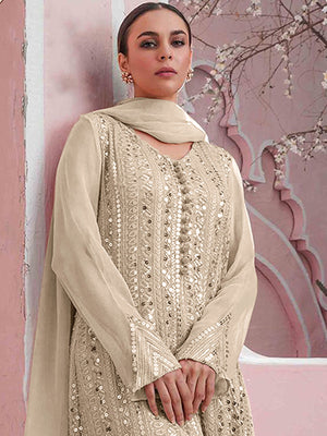 Rajwada Women Cream Color Party Wear Georgette Semi Stitched Suit