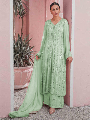 Rajwada Women Sea Green Color Party Wear Georgette Semi Stitched Suit