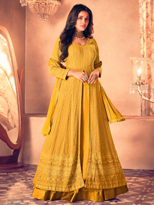Rajwada Women Yellow Faux Georgette Semi Stitched Kurta Set
