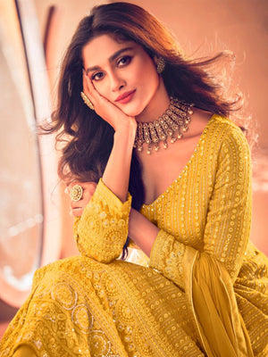 Rajwada Women Yellow Faux Georgette Semi Stitched Kurta Set