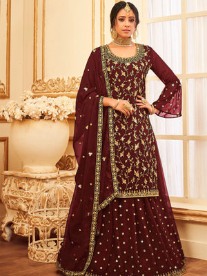 Rajwada Women Maroon Faux Georgette With Glitter Sequence Work Semi Stitched Sharara Suit
