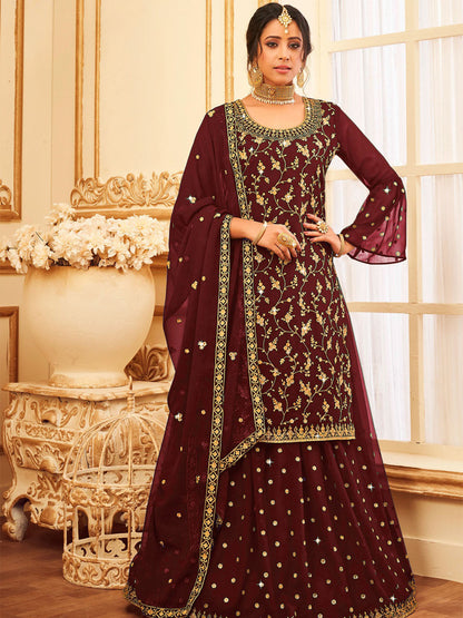 Rajwada Women Maroon Faux Georgette With Glitter Sequence Work Semi Stitched Sharara Suit