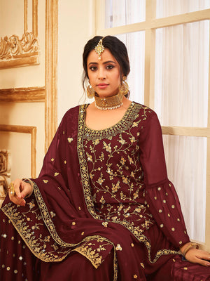Rajwada Women Maroon Faux Georgette With Glitter Sequence Work Semi Stitched Sharara Suit