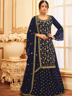 Rajwada Women Dark Blue Faux Georgette With Glitter Sequence Work Semi Stitched Sharara Suit