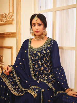 Rajwada Women Dark Blue Faux Georgette With Glitter Sequence Work Semi Stitched Sharara Suit