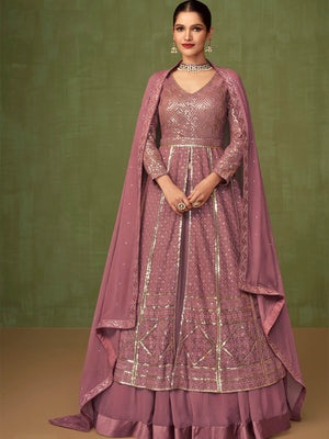 Rajwada Women Purple Embroidered Georgette A-Line Semi-Stitched Anarkali Suit