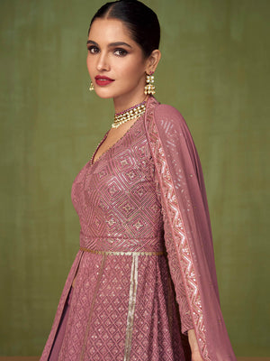 Rajwada Women Purple Embroidered Georgette A-Line Semi-Stitched Anarkali Suit